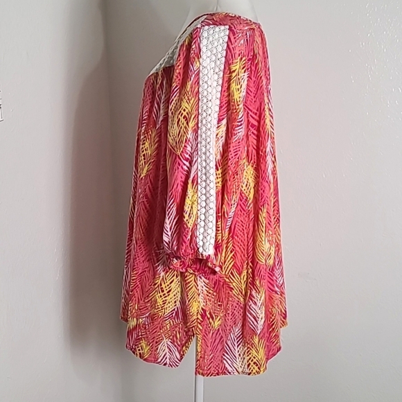 Catherines Pink, Yellow, White Print Top, Embroidered on Sleeves & Neckline, 3X - Picture 6 of 9